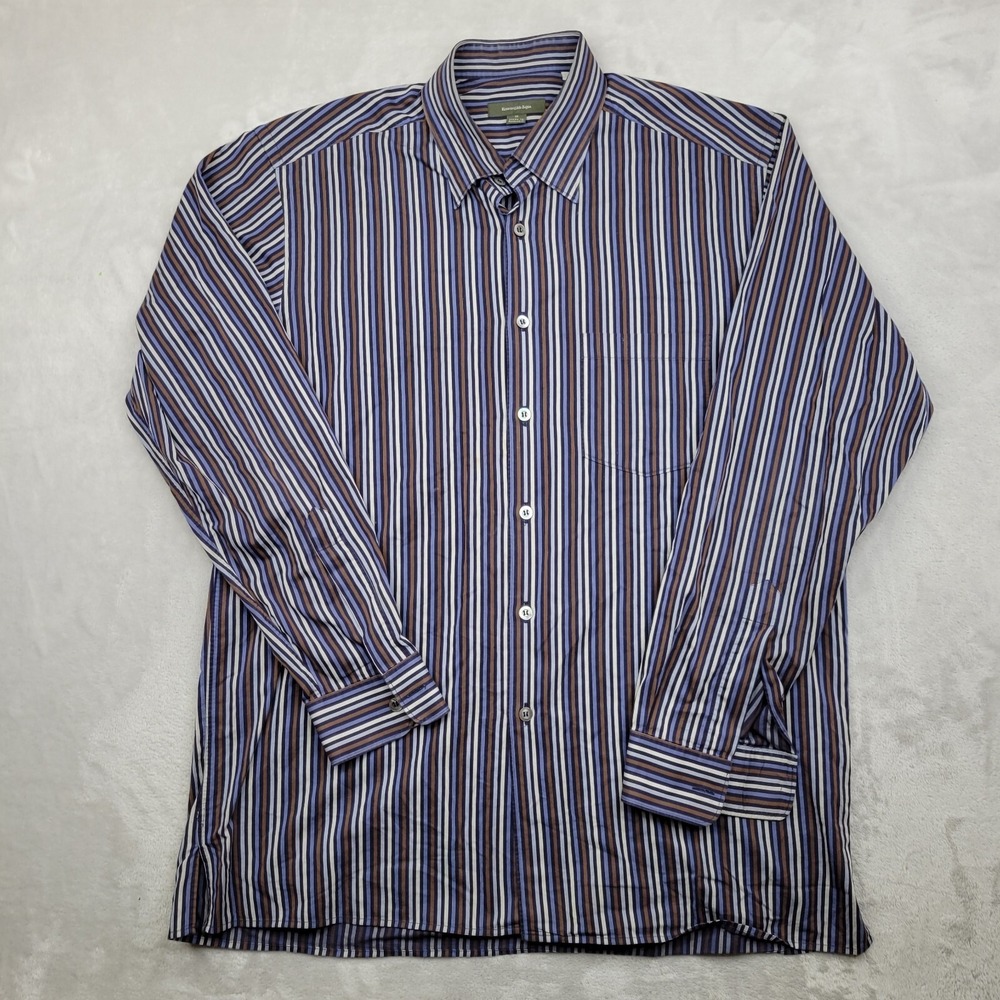 Zegna Shirt Men XL Long Sleeve Dress Oxford Suit Ermenegildo Breton Awning Adult